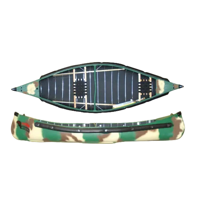 A double-ended kayak shown from top and side views on a plain white background. The kayak features a green, brown, and beige camouflage pattern with a dark blue/black interior seating area.