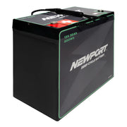 Black and green battery with a Newport logo on the front on a white background.