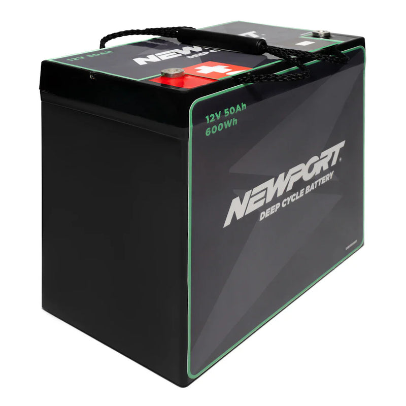 Black and green battery with a Newport logo on the front on a white background.