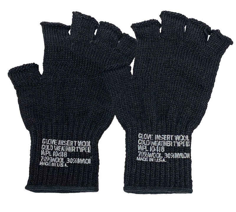 Pair of black fingerless gloves against a white background. 