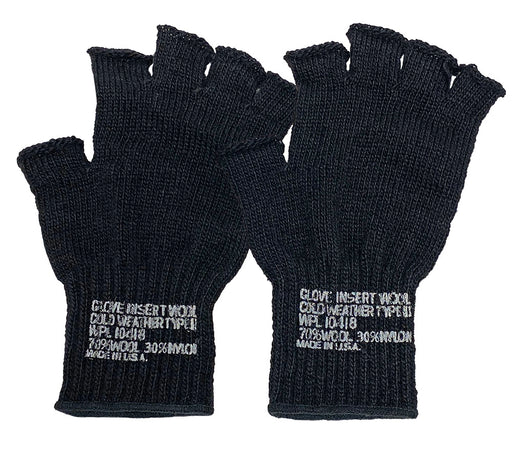 Pair of black fingerless gloves against a white background. 