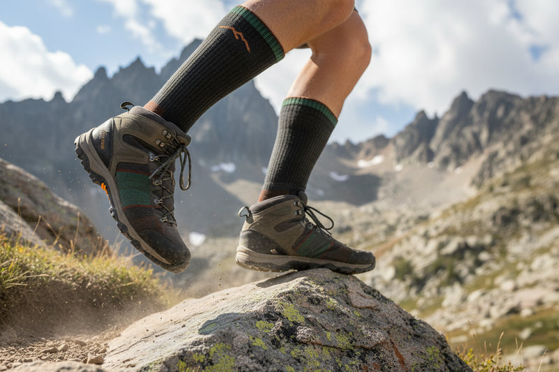 Person standing on a rock wearing grey hiking shoes and black socks with mountains in the background.