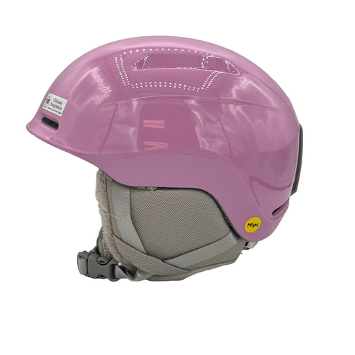 Proper Pink Smith Glide Jr Mips helmet with gray interior and straps on a white background