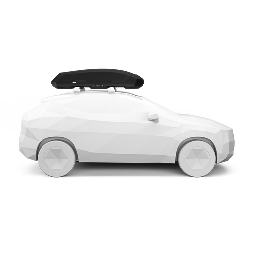 White car with a black roof rack on a white background