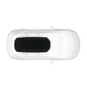 Top view of a black rooftop cargo box on a white car on a white background