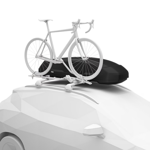 Black cargo roof rack on top of a white car with a white bike attached against a white background. 