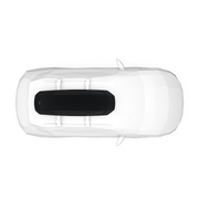 Top view of a black cargo roof rack on top of a white car against a white background. 