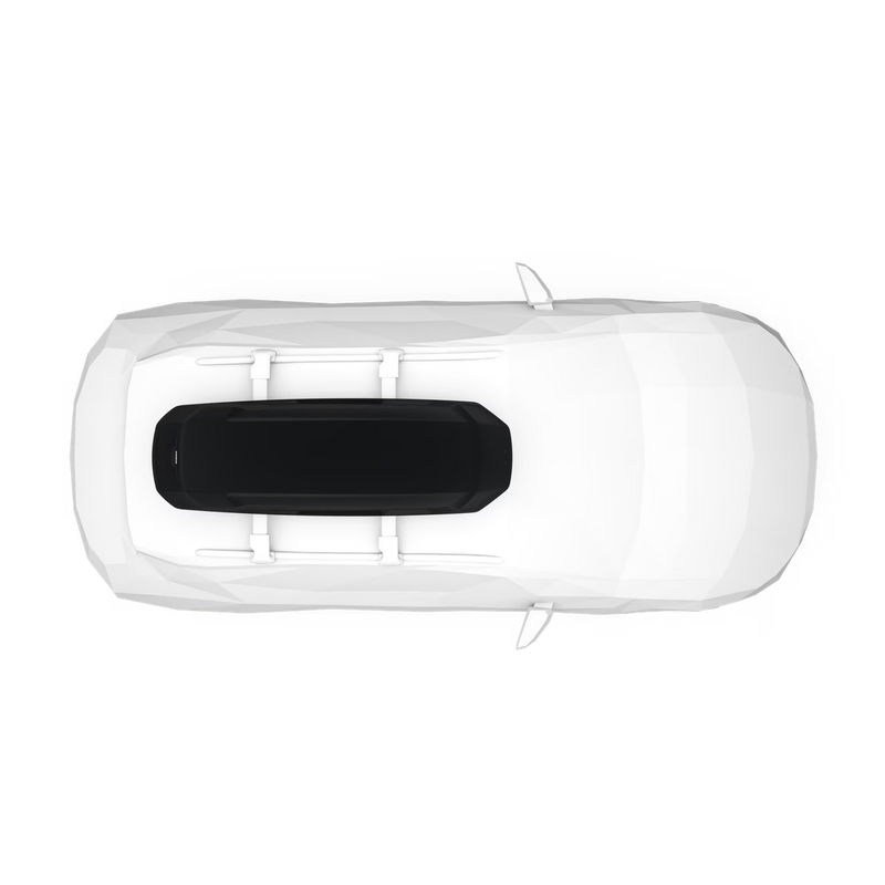 Top view of a black cargo roof rack on top of a white car against a white background. 