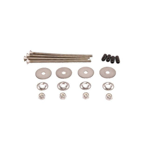 A hardware kit containing silver-colored stainless steel screws, washers, nuts, and black plastic sleeves, arranged neatly on a solid white background.