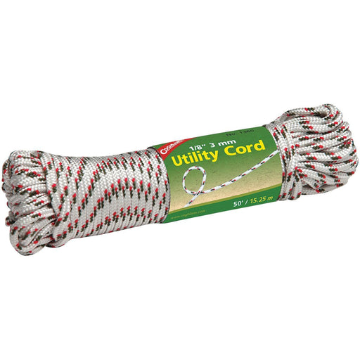 A coiled 1/8 inch (3 mm) utility cord with a white, gray, and red pattern, wrapped with a green and red label that reads 'Coghlan's 1/8" 3 mm Utility Cord 50 / 15.25 m'.