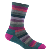 Multicolored striped crew socks on a white background.