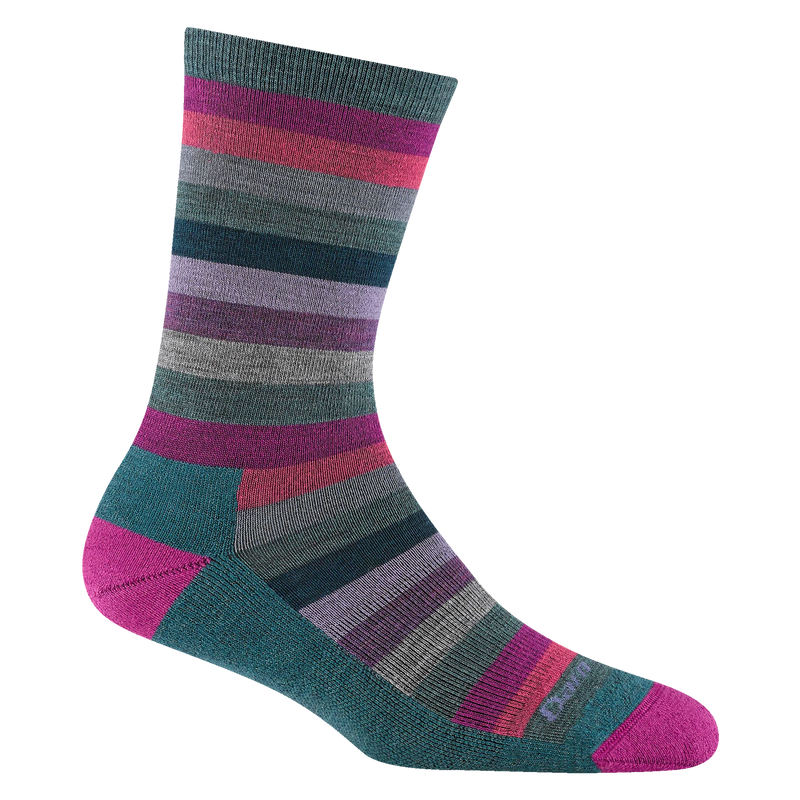 Multicolored striped crew socks on a white background.