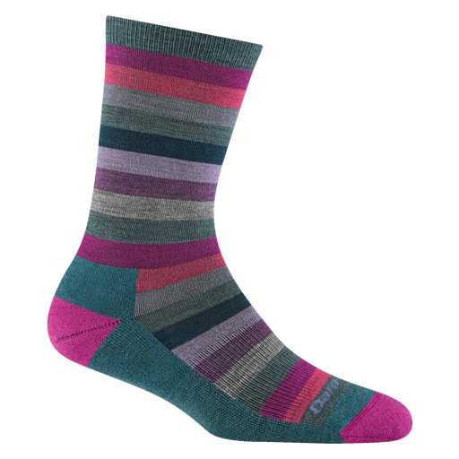 Multicolored striped crew socks on a white background.