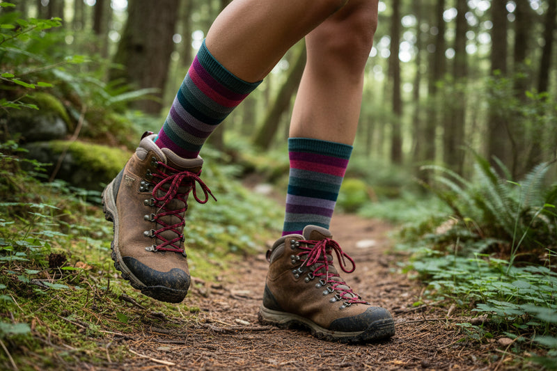 Person wearing brown hiking shoes and multicolored striped crew socks on a natural background.