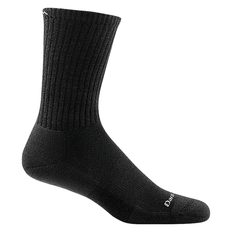 Black crew sock on a white background.