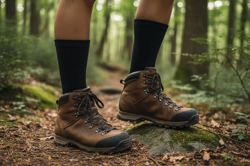 Person wearing brown hiking boots with black crew socks on a natural background.