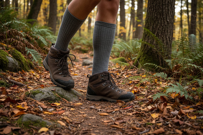 Person wearing brown hiking shoes with grey crew socks on a natural background.