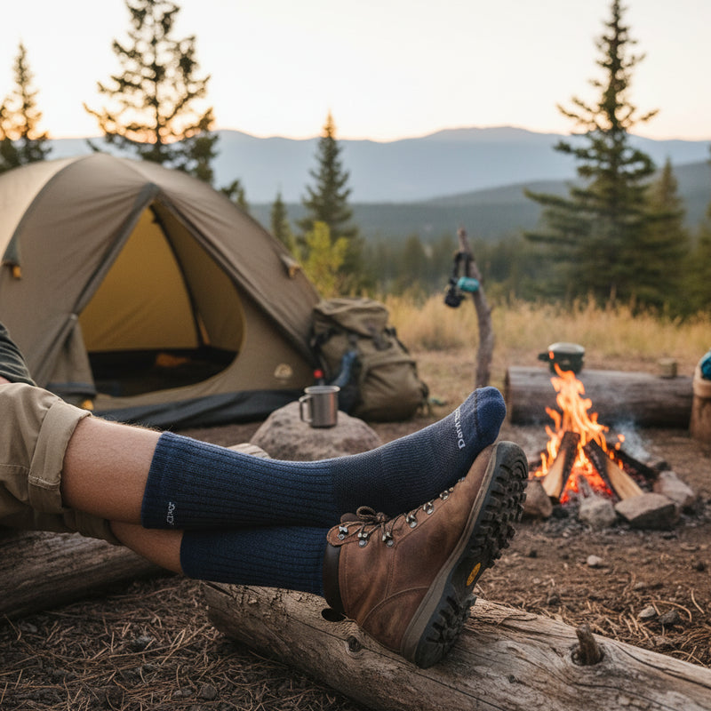 Man putting his feet on a log showing off a brown hiking boot with navy colored crew socks with a campfire and tent in the background.