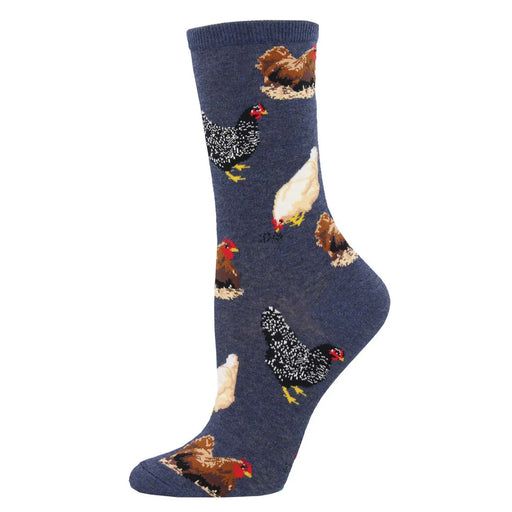 Blue sock with chicken illustrations on a white background