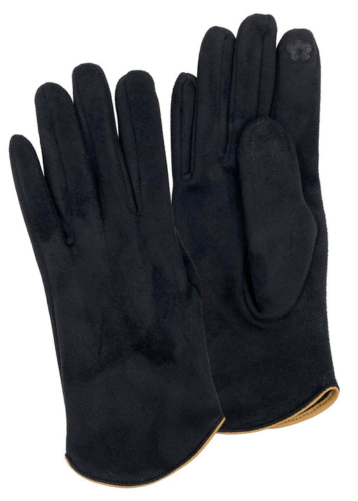 Pair of black gloves against a white background. 