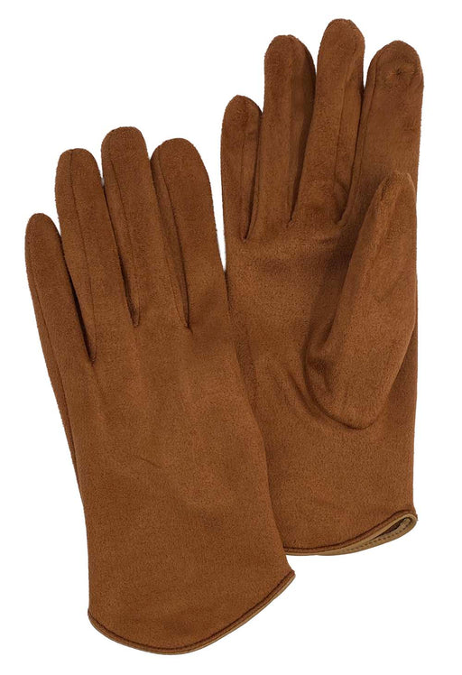 Pair of light brown gloves against a white background. 