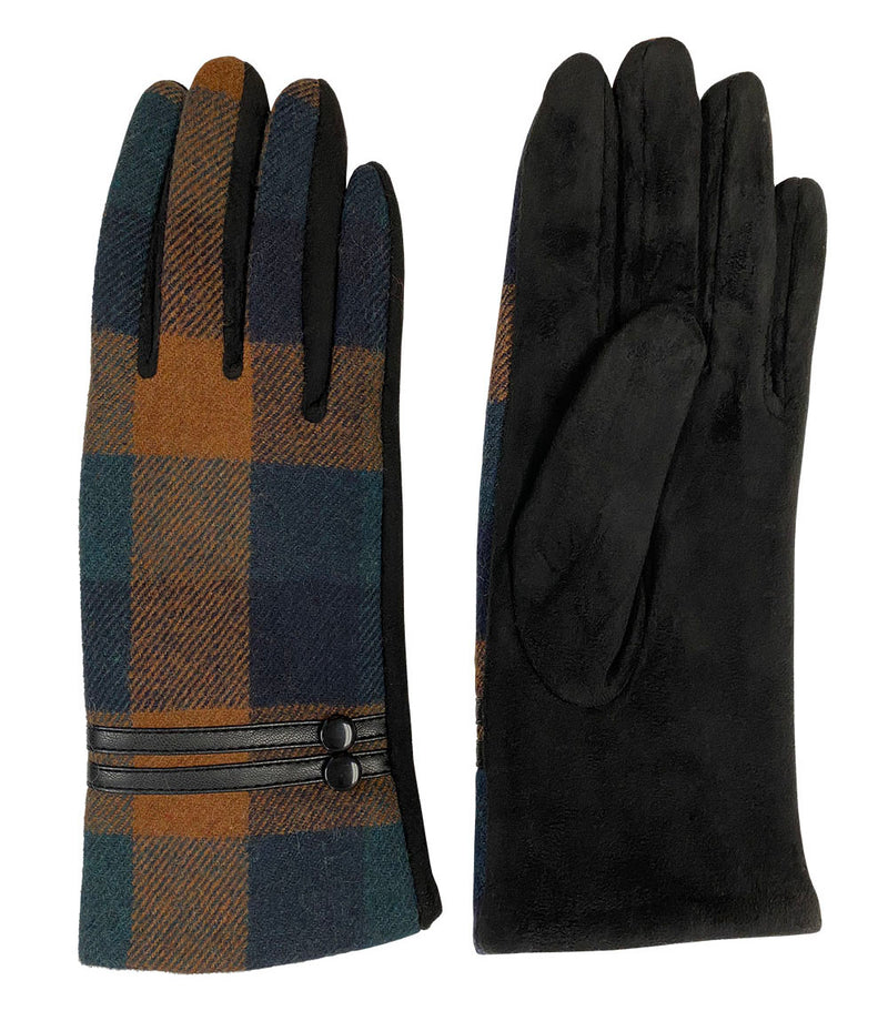 Top and bottom view of a pair of brown plaid gloves against a white background. 
