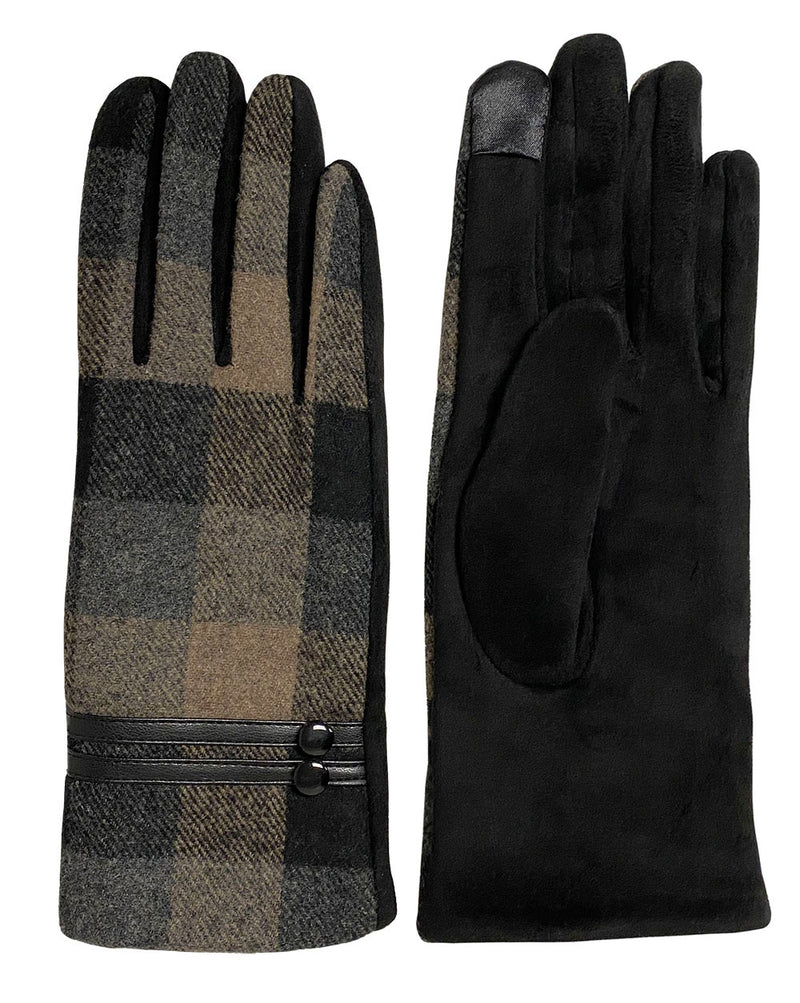 Top and bottom view of a pair of grey and brown plaid gloves against a white background.