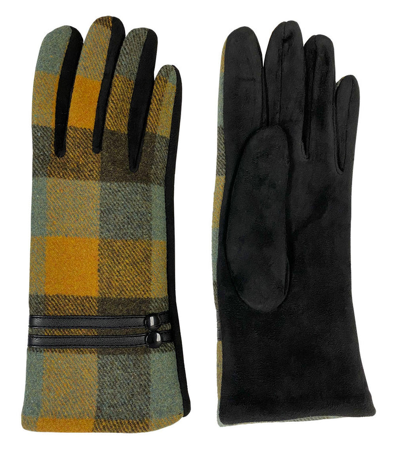 Top and bottom view of a pair of yellow and blue plaid gloves against a white background. 