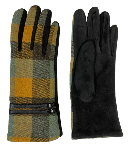 Top and bottom view of a pair of yellow and blue plaid gloves against a white background. 