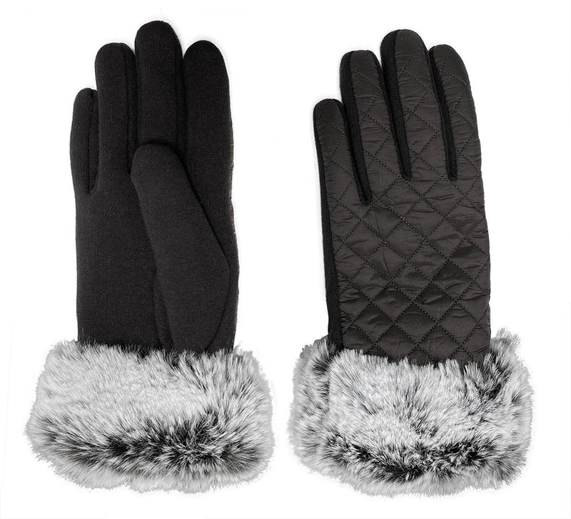 Top and bottom view of a pair of black fur lined gloves against a white background. 