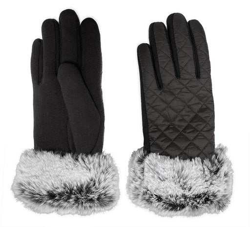 Top and bottom view of a pair of black fur lined gloves against a white background. 