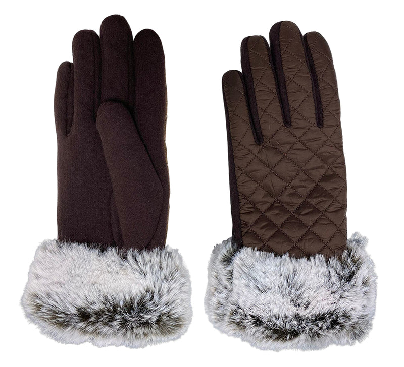 Top and bottom view of a pair of brown fur lined gloves against a white background. 