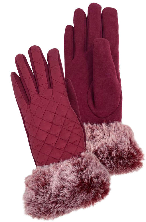Top and bottom view of a pair of red fur lined gloves against a white background. 