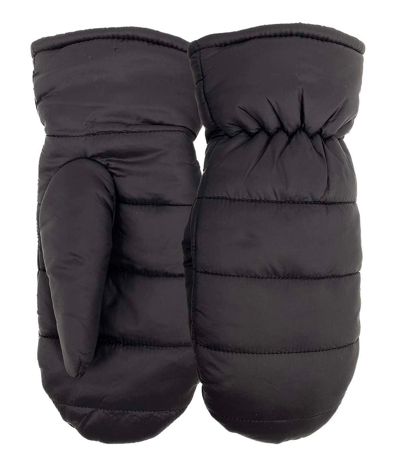 Top and bottom view of a pair of black mittens against a white background. 