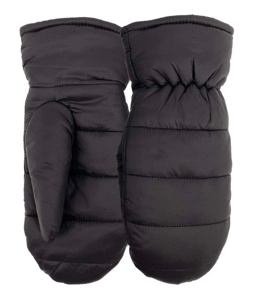 Top and bottom view of a pair of black mittens against a white background. 