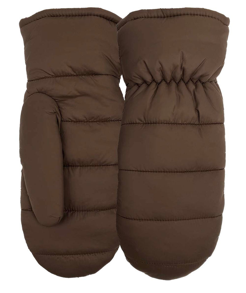 Top and bottom view of a pair of brown gloves against a white background. 