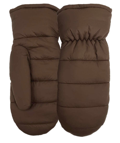 Top and bottom view of a pair of brown gloves against a white background. 