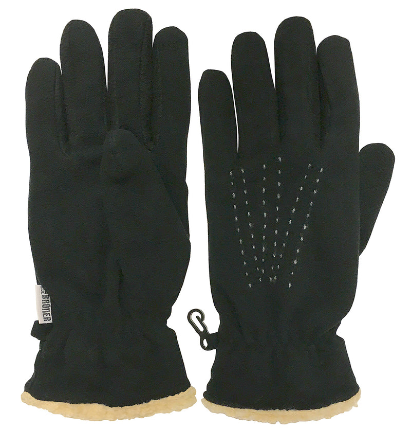 Top and bottom view of a pair of black gloves against a white background. 