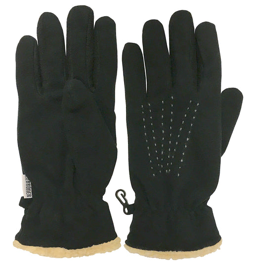 Top and bottom view of a pair of black gloves against a white background. 