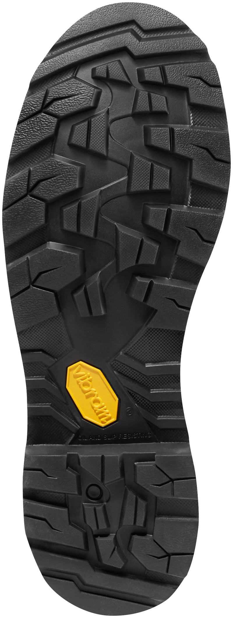 Black bottom sole of a work boot with a yellow accent against a white background. 