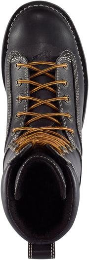 Top-down view of a black leather boot with yellow laces against a white background. 