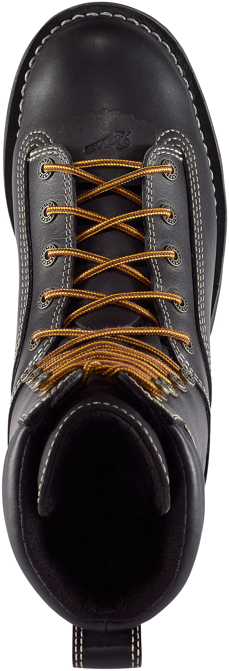 Top-down view of a black leather boot with yellow laces against a white background. 