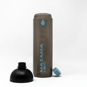Brown water bottle with black cap and blue accents on a white background