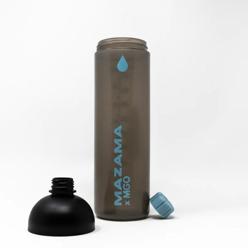 Brown water bottle with black cap and blue accents on a white background