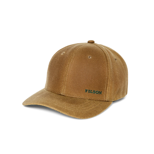 Brown baseball cap featuring a teal Filson logo against a white background. 