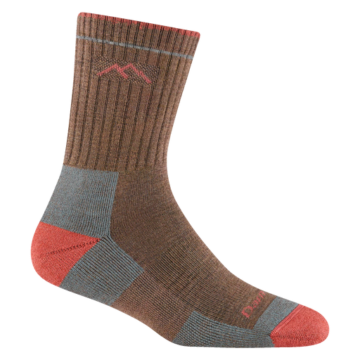 Brown and grey crew socks on a white background.