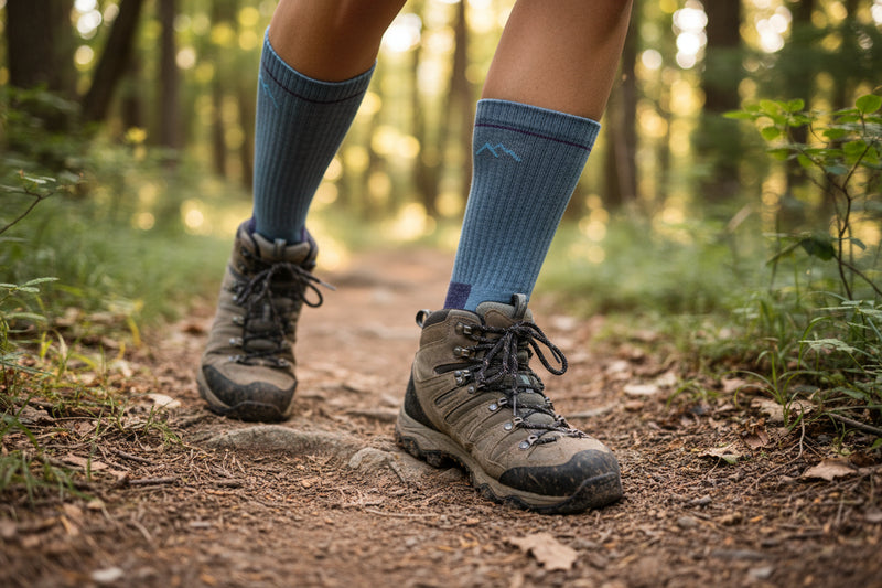 Person wearing brown hiking shoes with blue crew socks on a natural background.
