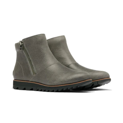 Pair of gray ankle boots with zippers on a white background