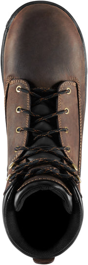 Brown leather boot with laces on a white background