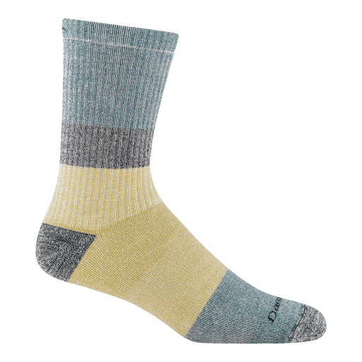Side view of a gray and tan colored crew sock against a white background. 